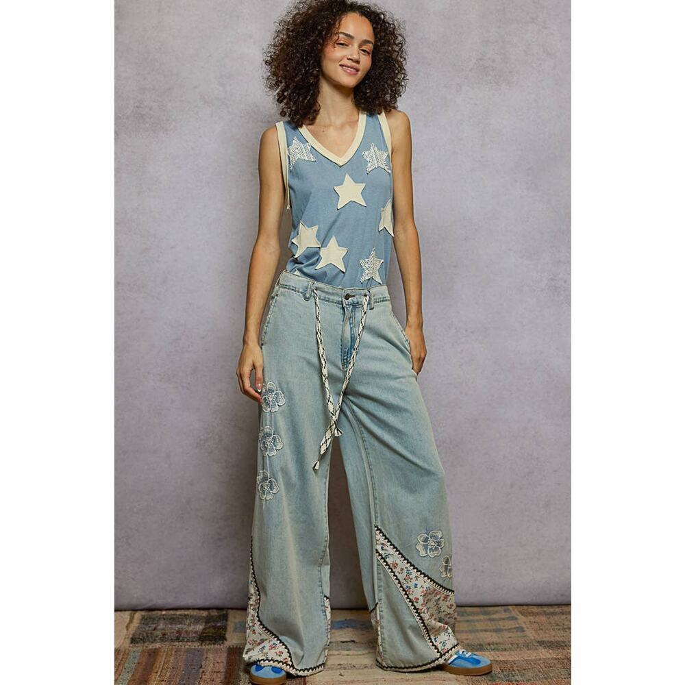 Pol Clothing Floral patches embroidery elastic band casual pant - Picture 4 of 7
